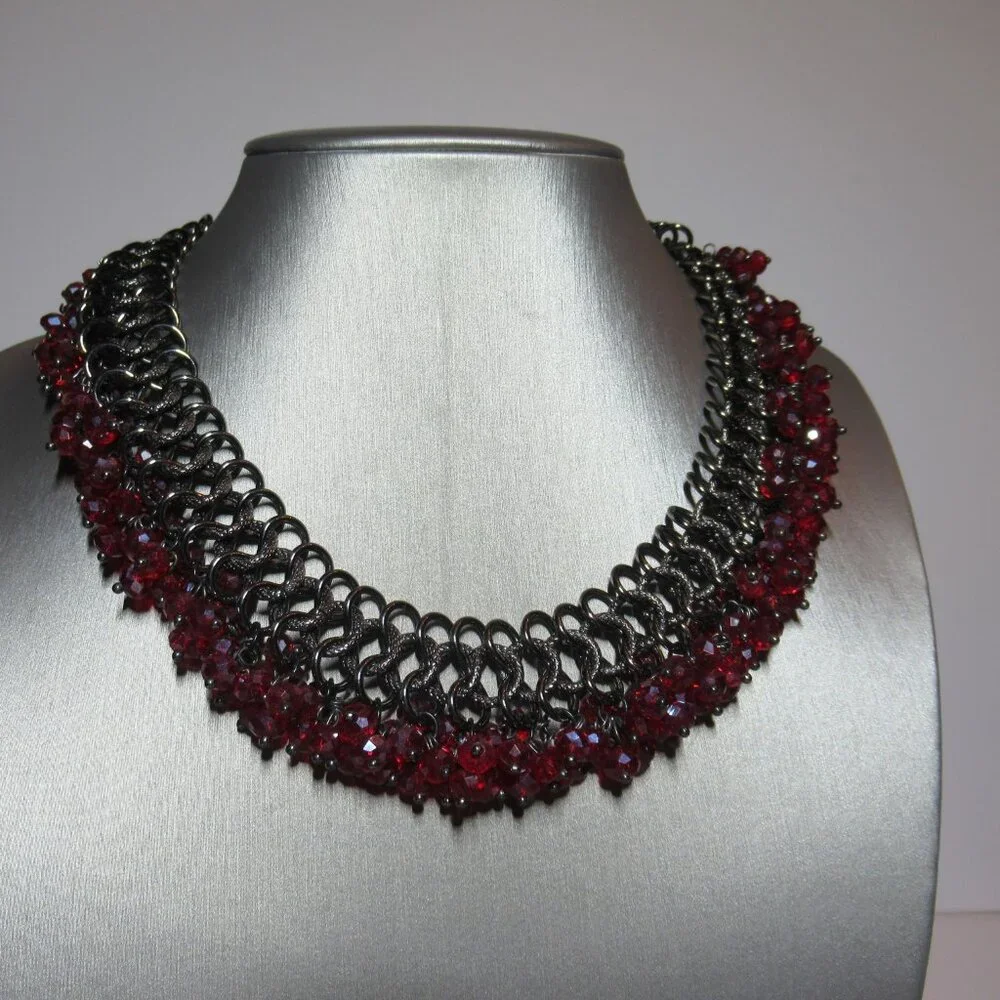 Chainmail Necklace & Earrings Set Silver with Red Beads Choker Collar Dangle - Picture 11 of 16
